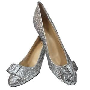 $298 Kate Spade NY Silver Glitter Krysta Pumps Shoes Heel 3” Bow 6M Worn Once